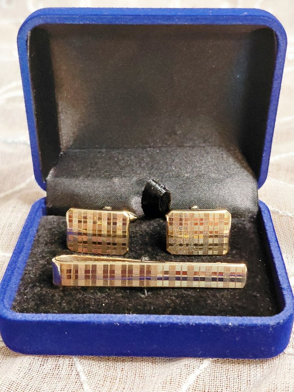 Vintage Burberry Nova Check 925 Sterling Silver Cufflinks & Tie Bar Set Boxed
